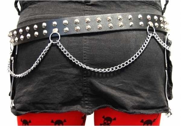 Rivet belt: 2 rows pointed rivets with chain - black