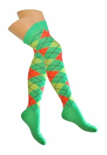 Over Knee Stockings: Neon Green - Orange & Yellow Checks
