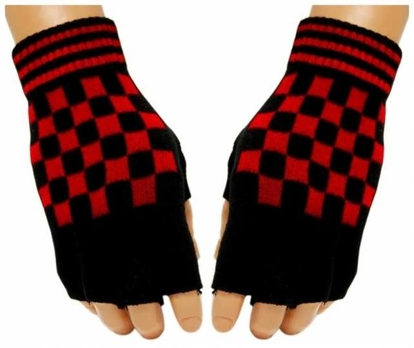 Handschuhe: Fingerlos Schwarz / Rot Kariert / Schachbrettmuster