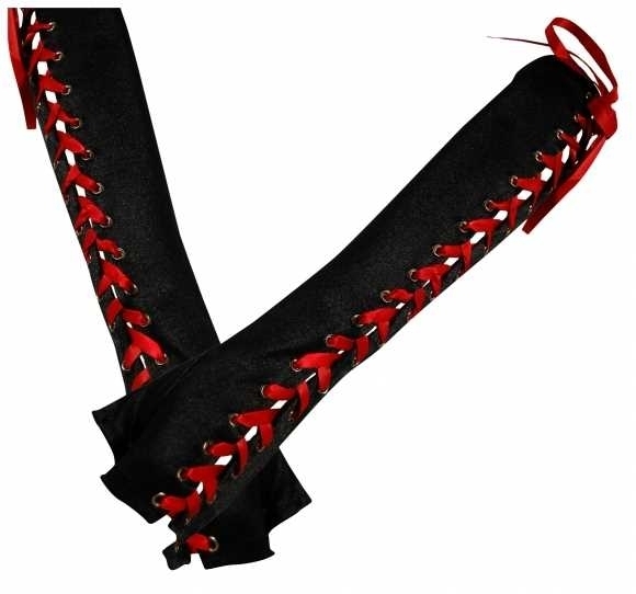 Arm warmers: Black with red satin ribbon lacing