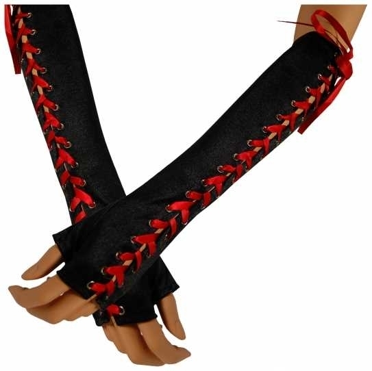 Armstulpen: Schwarze mit roter Satinband-Schnürung