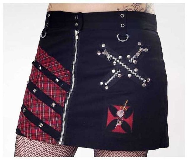 Mini Skirt: Steampunk - Tartan & Rivets - black / Tartan
