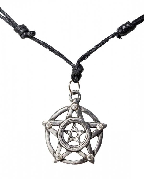 Halskette doppeltes Pentagramm - rund - silbern - mit klarem Stein
