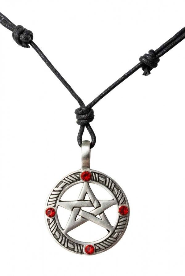 Halskette Pentagramm - rund - silbern - mit roten Steinen